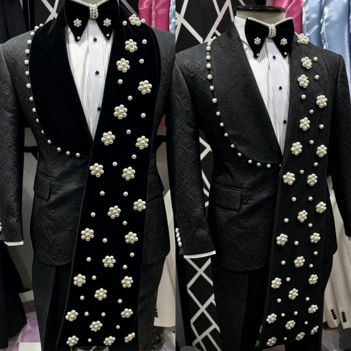 Luxury Man Tuxedos Pearls Jacquard 2 Piece  Jacket Pants Wedding Suit Design Shawl Lapel Evening Groom Party Outfits Customized