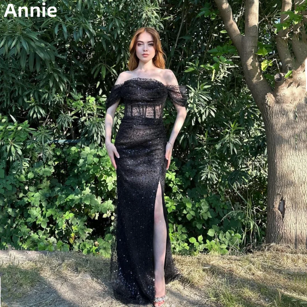 

Annie Black Off-shoulder Prom Dresses Luxury Sequined Arabic Evening Dresses Sexy Mermaid Side Slit Women Wedding Party Dress