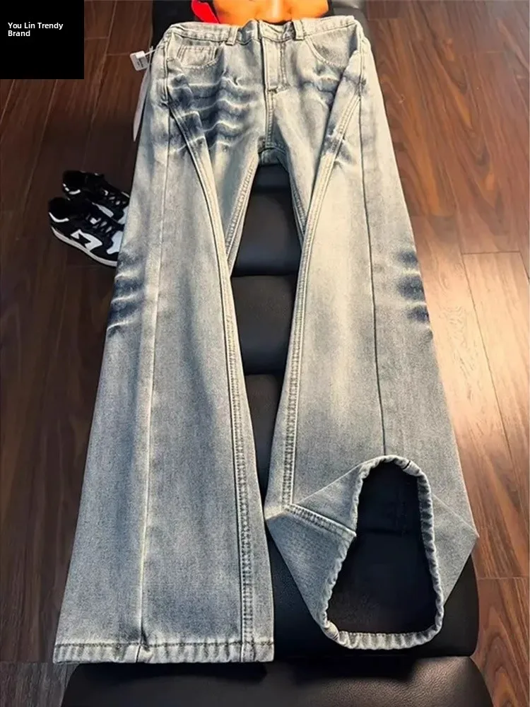 

Светло-голубые джинсы прямого кроя с подкладкой, мужские, в стиле американского стритстайла, ретро, теплые джинсовые брюки