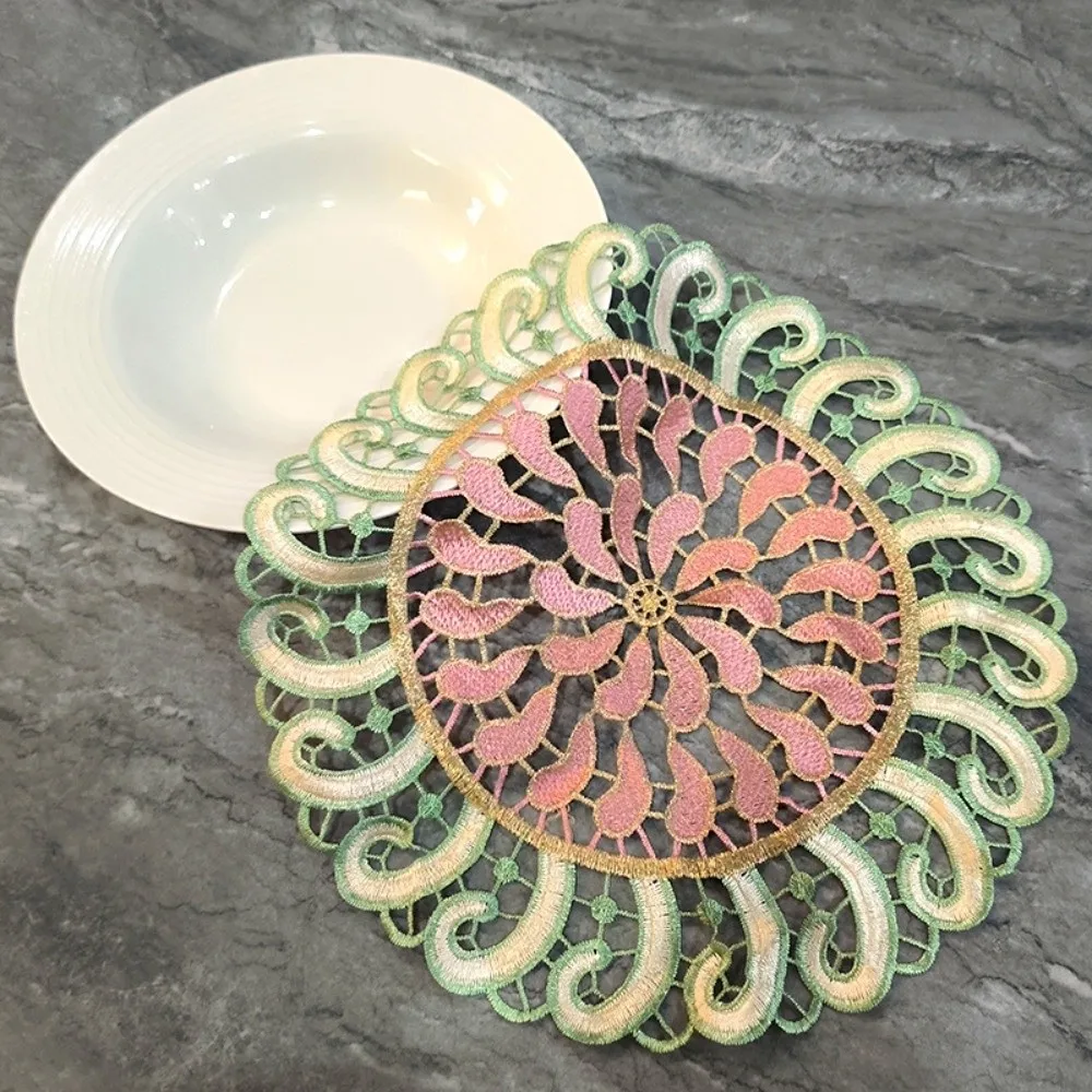 Vintage Embroidery Lace Doily Placemat Colorful Round Embroidered Table Doily Hollow Mandala Tea Pad Mat Home Decor