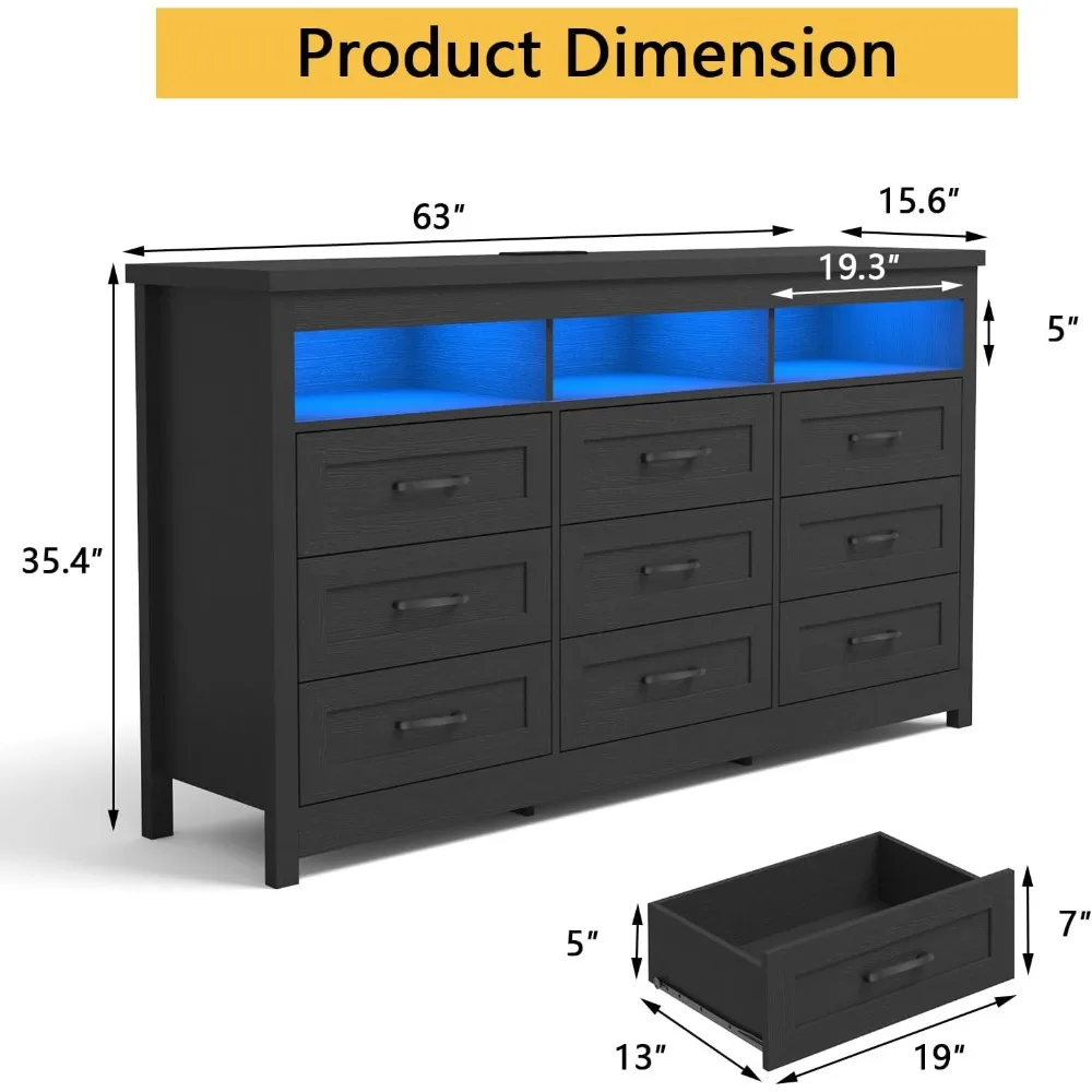 9 Drawer Dresser with LED Lights, 63