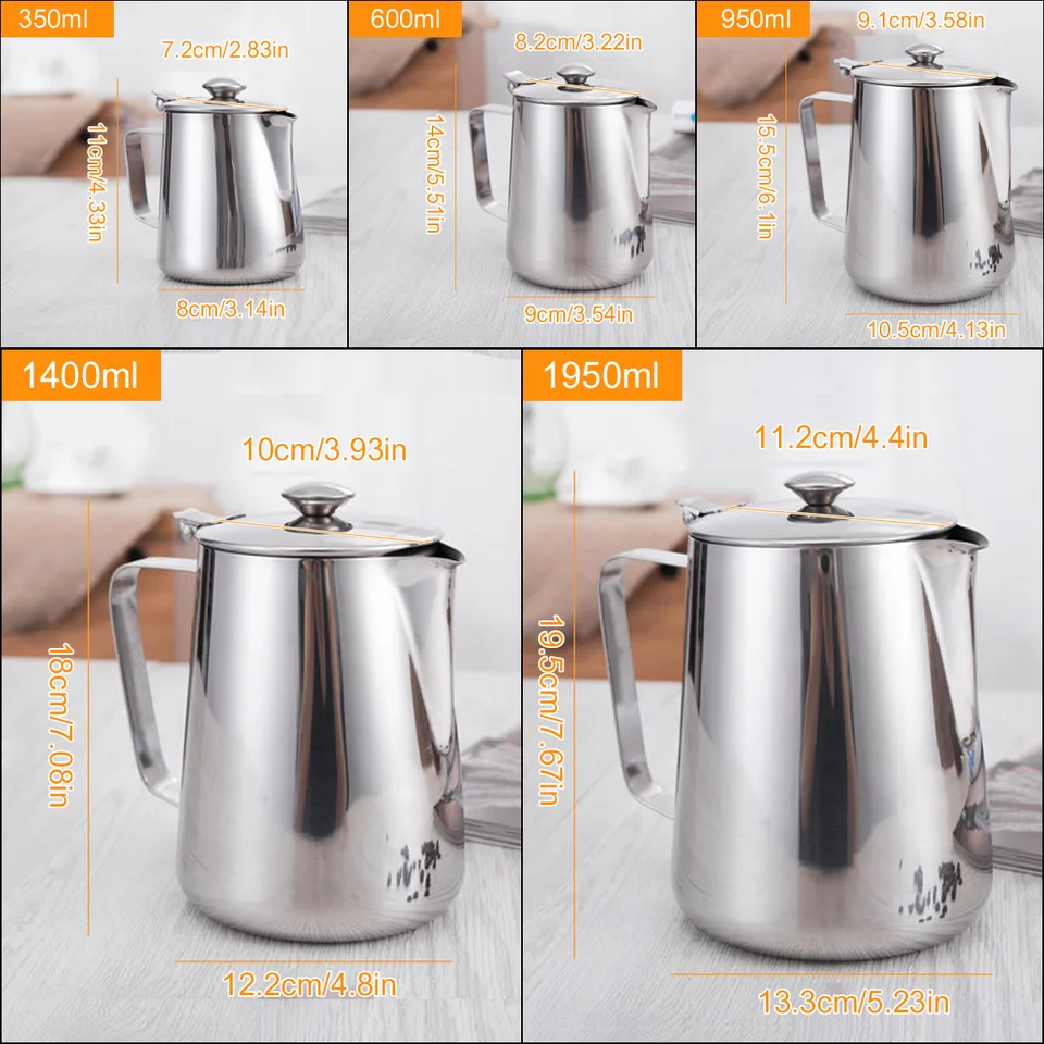 Pichet à mousse de lait en acier inoxydable avec couvercles, expresso, vapeur, café, Barista, bouilloire, Latte, Cappuccino, tasse de crème au lait  15