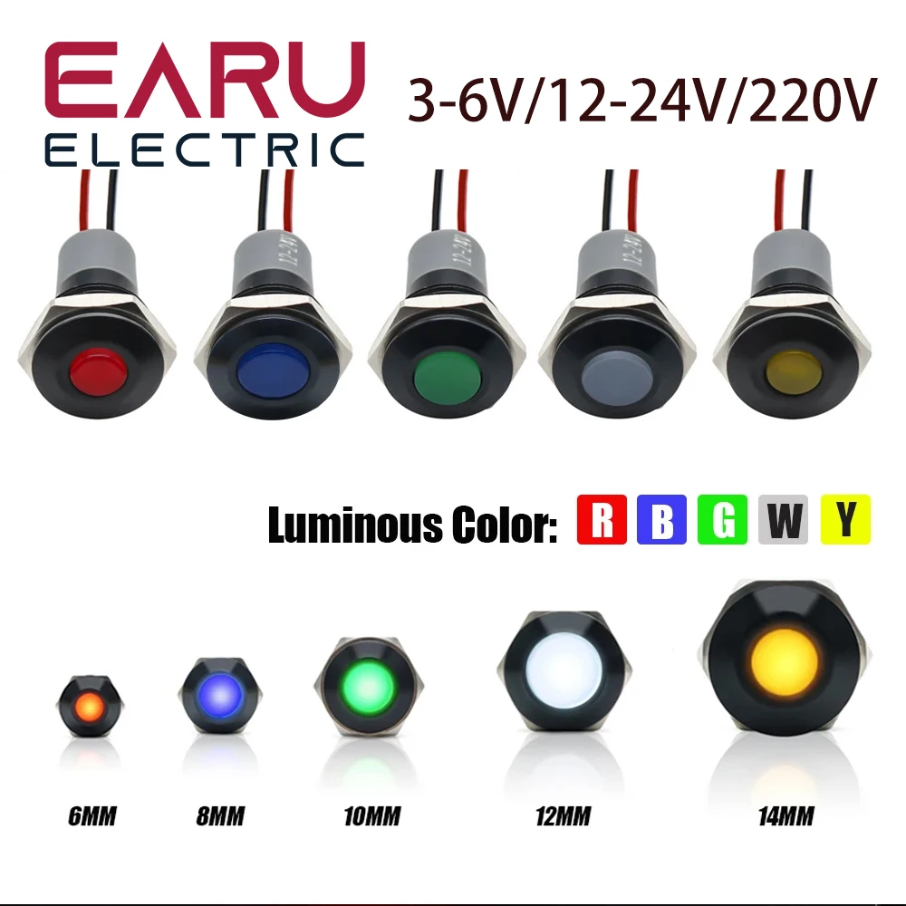 Témoin LED D.lique à Tête Plate Noire Étanche IP67, Fil de Signalisation, 3-6V, 12-24V, 220V, 6mm, 8mm, 10mm, 12mm, 14mm