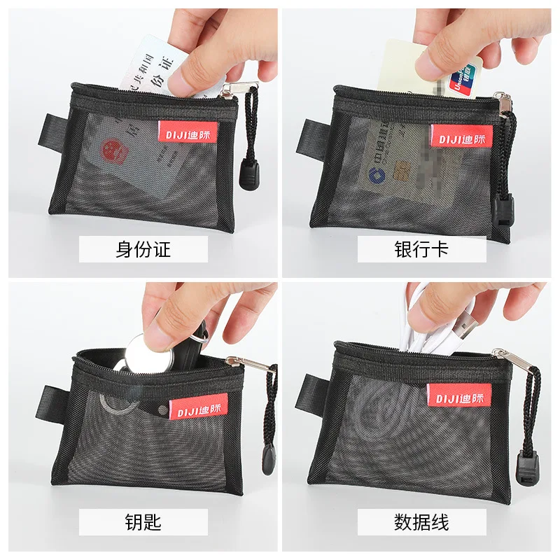 Mesh Zipper Card Storage Bag, Mini transparente ID Card Bank Credit Card Bag, Bolsa de moedas pequena, Bolsa de arquivo portátil