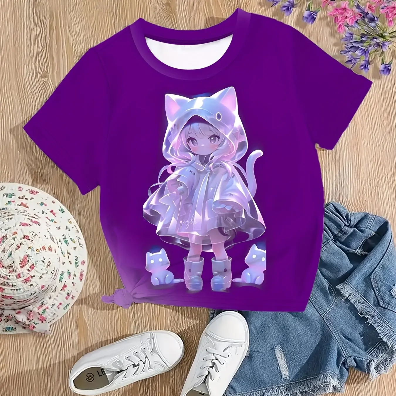 T-Shirt à Manches Courtes et Col Ras du Cou pour Fille, Vêtement d'Extérieur Confortable avec Imprimé Graphique Animé, Collection Été 2024