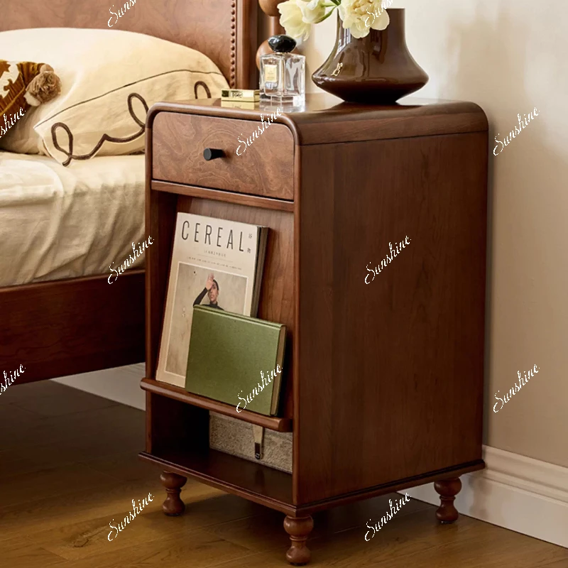 

French retro all-solid wood bedside table, sofa side star magazine rack