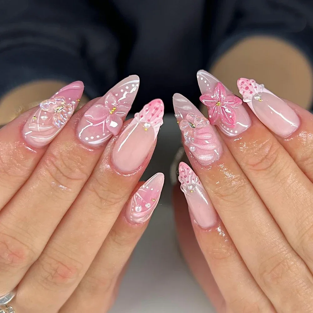 10Pcs Handmade French Nude Pink XL Square Almond Press On Nails Art Portable Gel Shell Glitter Pearl Reuse Fake Nails Sticker