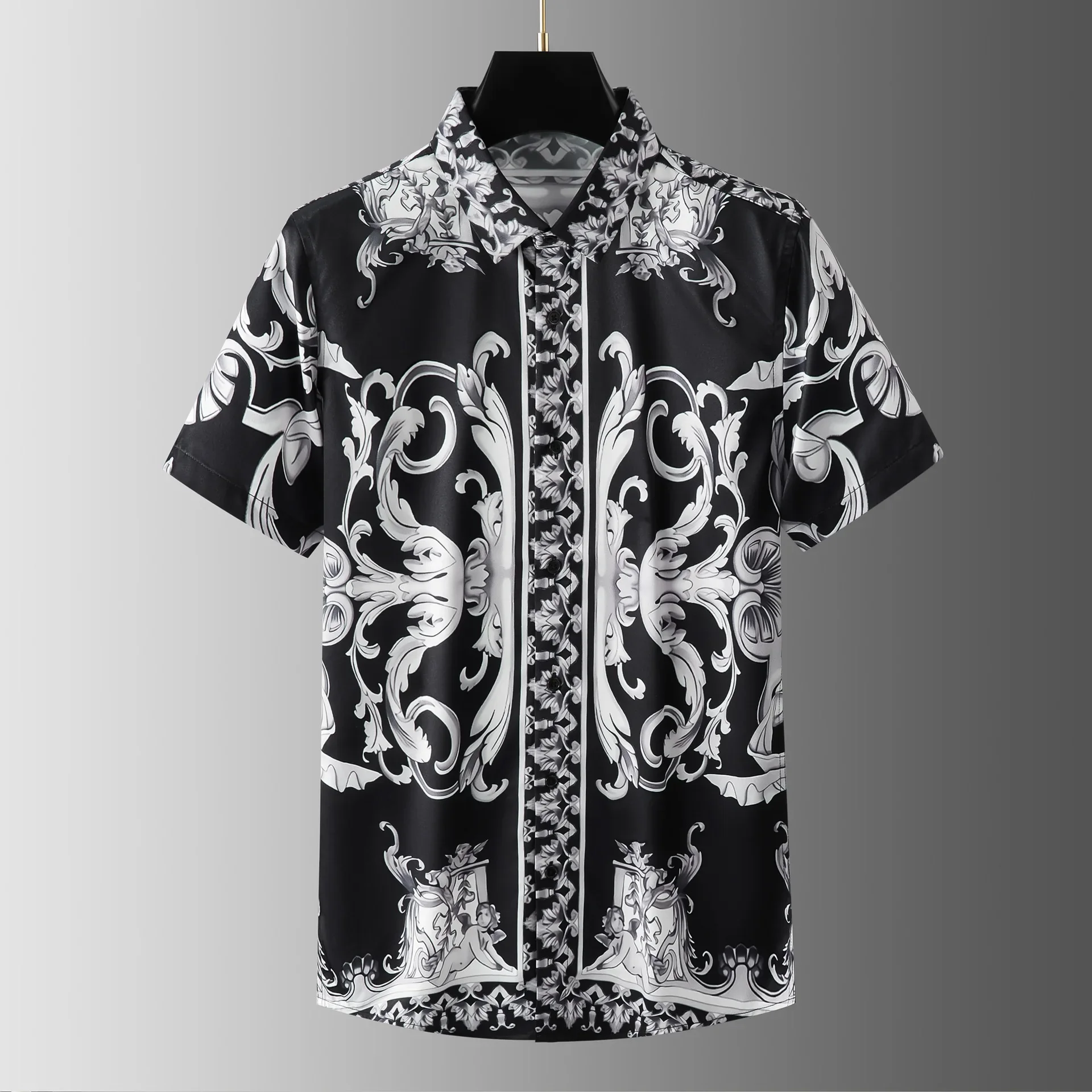 New No iron Anti wrinkle Retro Palace Pattern Positioning Angel Print Men's Short sleeved Shirt