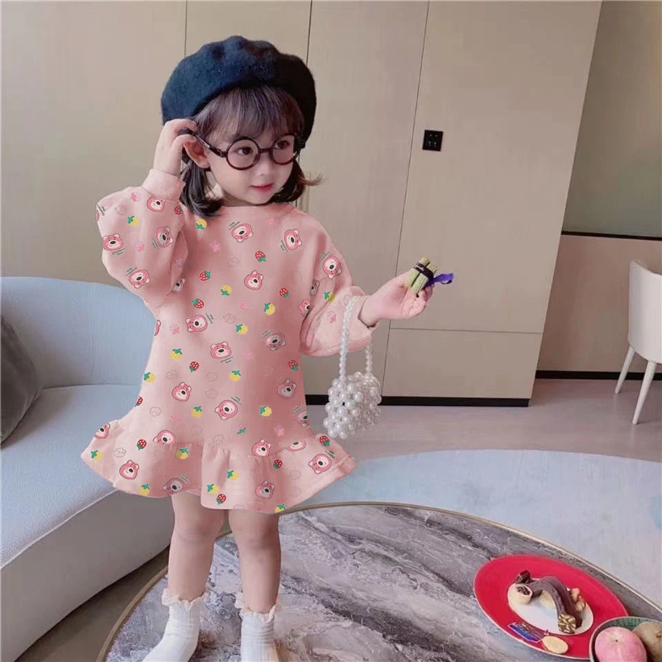 Toddler Girls Warm Sweater Dress 2023 Winter New Korean Children Splicing Pleated Dress Kids Polka Dot Printed Casual Clothes