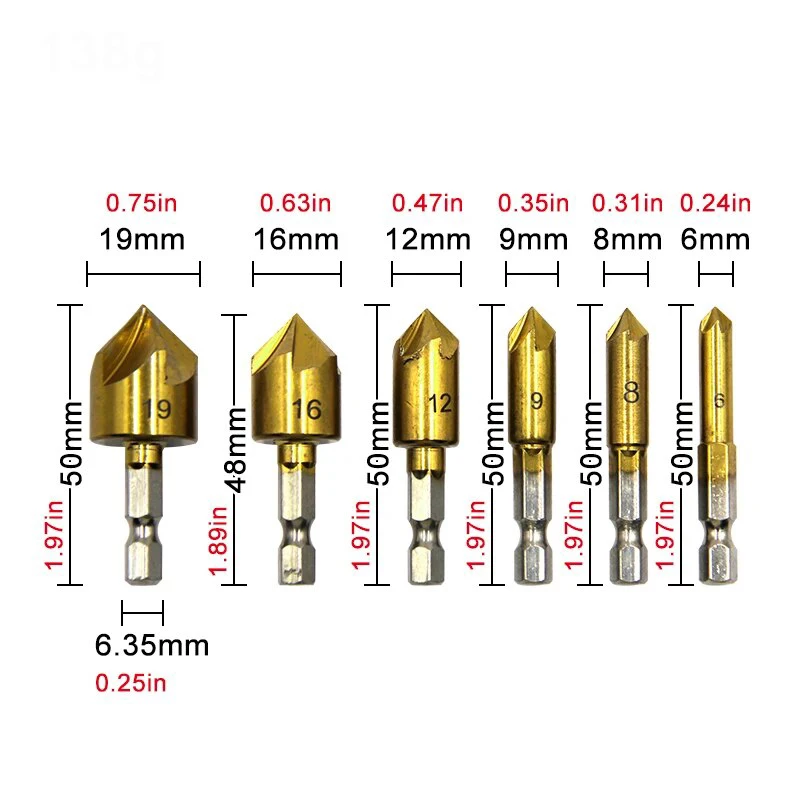 6Pcs Hexagonal Handle Titanium Plated Five Edge Chamfering Knife Countersunk Drill 6-19mm Woodworking Spot Facer Tool Set