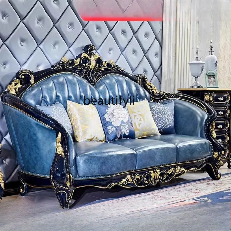 

European Style Sofa Set Living Room Genuine Leather Solid Wood Carved French Classical Ebony Furniture Gold-Embellished Sofa