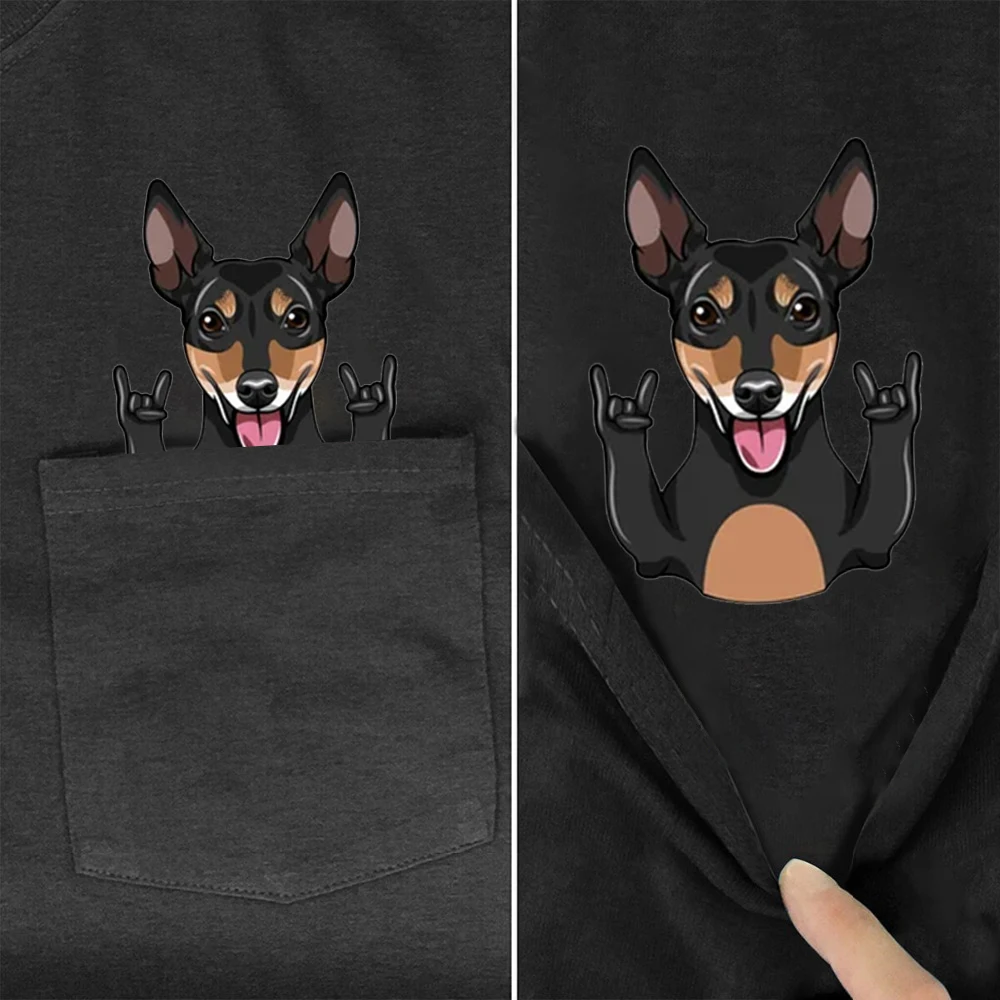 HX Russian Toy Terrier T-shirts Muscle Middle Finger Rock Gestures Pocket T-shirt Sticker Printed Cotton Tees Unisex Shirts