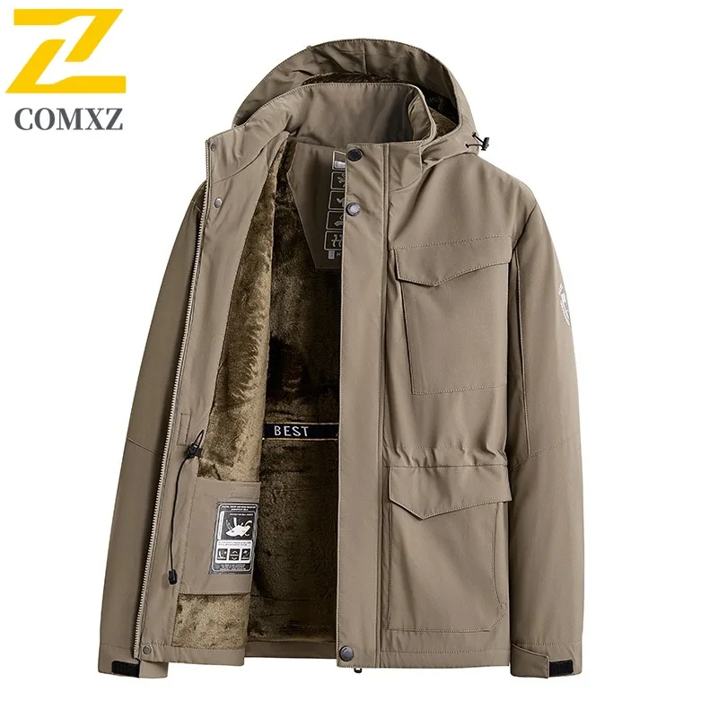

COMXZ 2025 Men's Fleece Lined Workwear Jacket Winter Multi Pocket Waterproof Windproof Outdoor Cotton Lightweight Coat