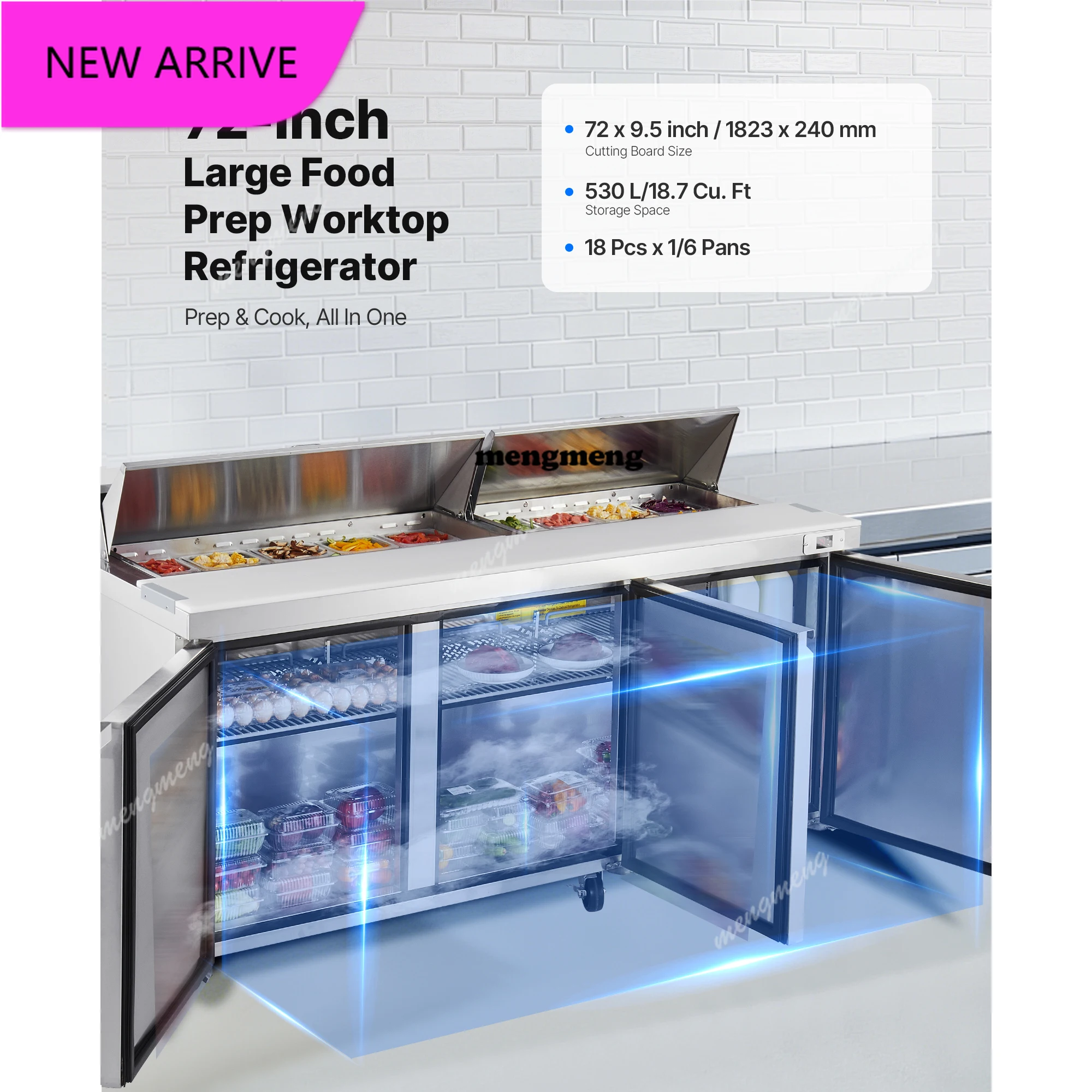 

72-дюймовый коммерческий холодильник Mega Top для приготовления пищи с лотками и разделочной доской, охладитель для салатов для ресторана