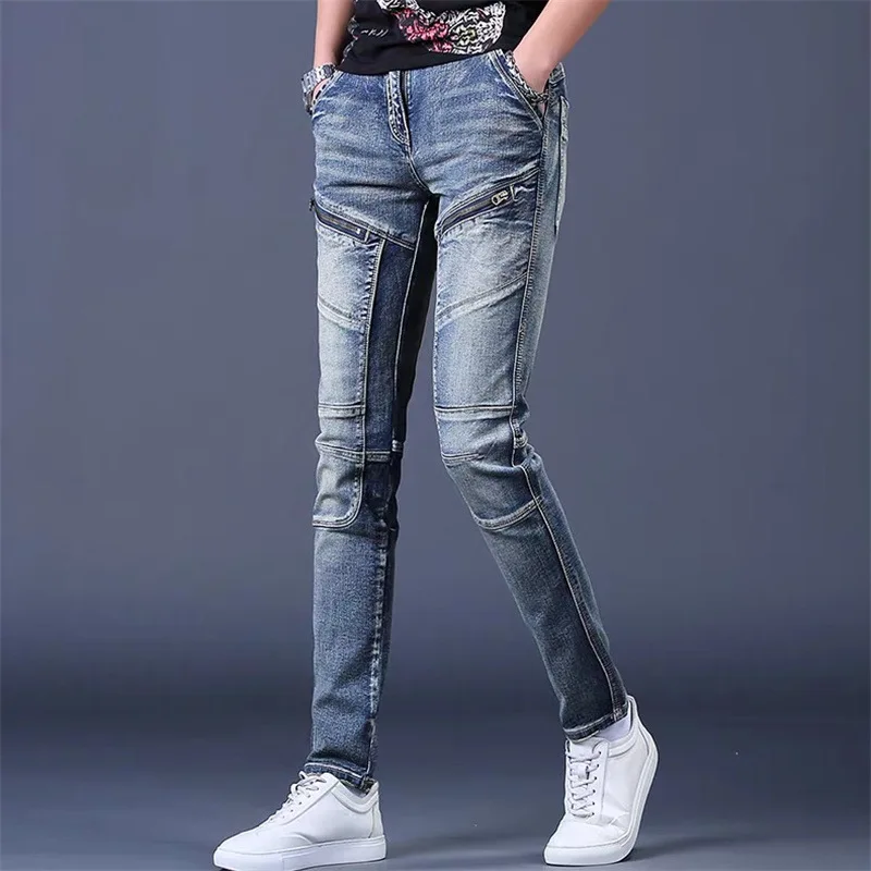 Celana Panjang Denim Biru Dicuci Antik Trendi Kasual Sambungan Kurus Pria Fashion Baru Musim Semi Musim Gugur 2025 Celana Jeans Pria Pakaian Jalanan