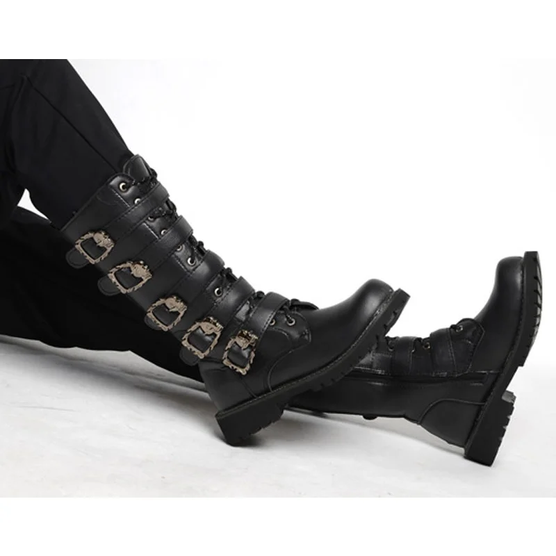 Men\'s PU Leather Motorcycle Boots High Over the Knee Military Combat Boots Gothic Belt Punk Boots Men Shoes Tactical Army Boot