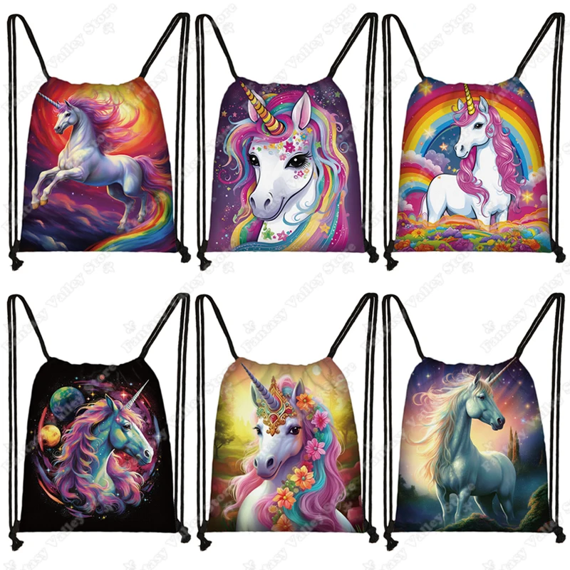 

Cute Cartoon Unicorn Print Backpacks Fantasy Rainbow Colorful Drawstring Bags Girl Kawaii Shoulder Bag Children School Bags Gift
