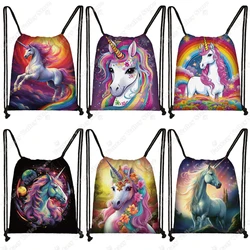 Cute Cartoon Unicorn Print Backpacks Fantasy Rainbow Colorful Drawstring Bags Girl Kawaii Shoulder Bag Children School Bags Gift