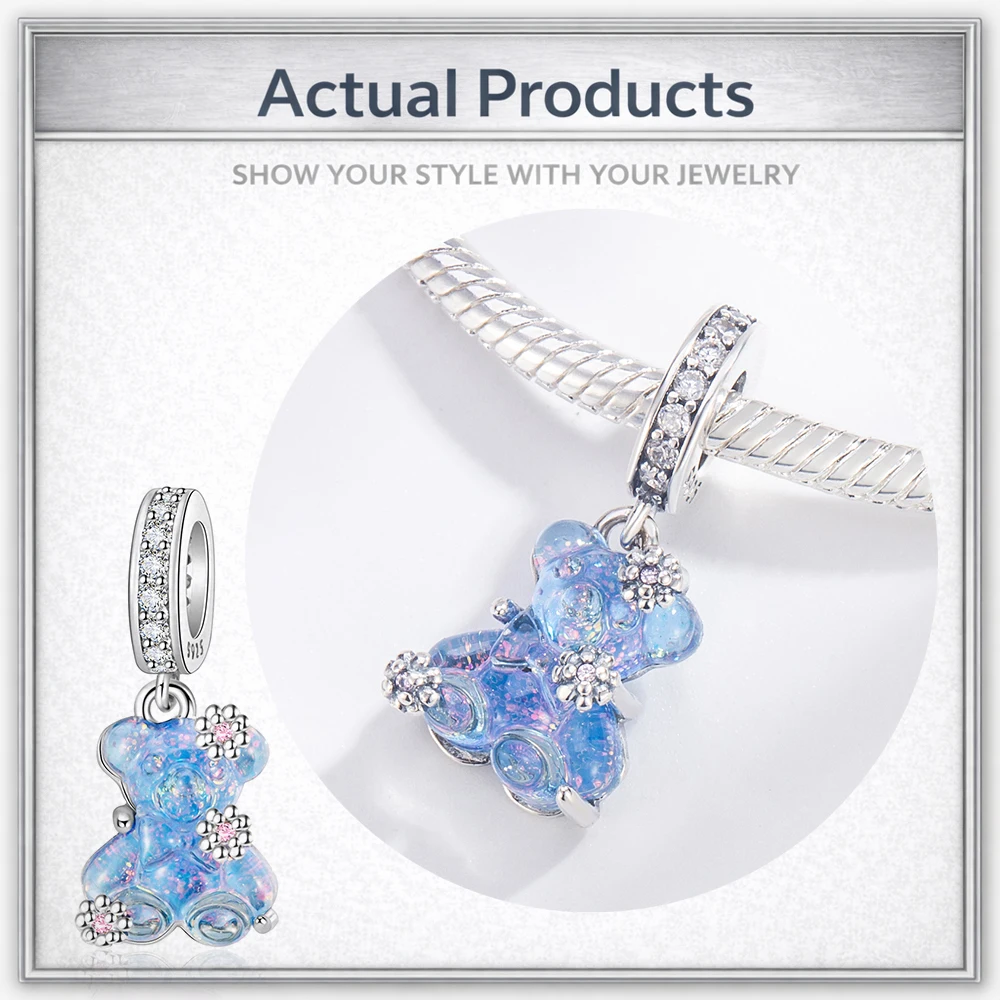 SilJew 925 Sterling Silber Bären-Anhänger mit Rosa und Blauem CZ-Perlen-Resin, Passend für Pandora Armband und Halskette, DIY-Schmuckherstellung, Geschenk für Frauen – Detail 5