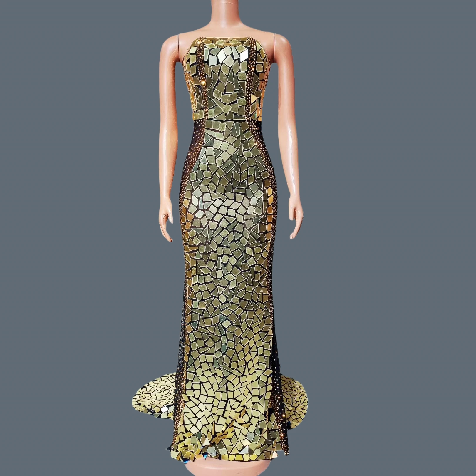 

Sparkly Gold Sequins Floor-length Dress Women Sexy Rhinestone Evening Gown Birthday Party Photo Shoot Wear Prom Couture Huanqiu