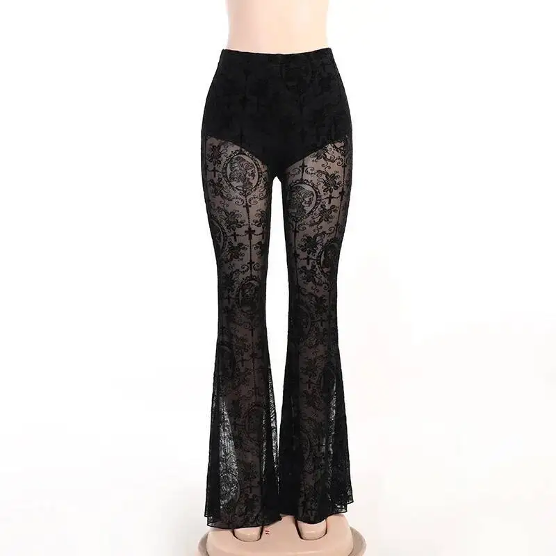 Hollow Out Pants Women's Summer New Dark Casual Pants Sexy Slim Printed Lace Design High Waist Flare Trousers