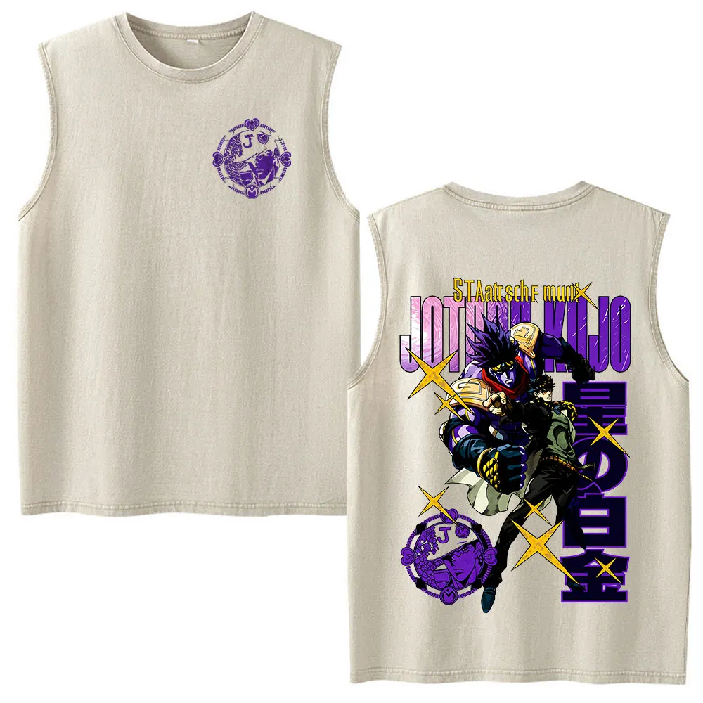 Anime Jojo Bizarre Adventure Jotaro Kujo Star Platinum Vintage Acid Washed Tank Tops Men Women Clothing Sleeveless Vest T-shirts view 2