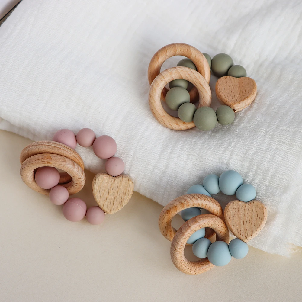 Food Grade Silicone Baby Wood Sensory Teething Chewing Beads Bite Ring Wooden Teether Toys Chew Necklace Autism for Anxiety Baby