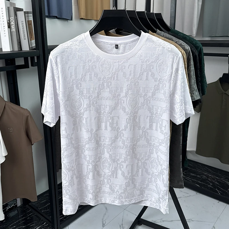 Herren Kurzarm-T-Shirts mit diskretem Jacquardmuster, Rundhalsausschnitt, lockerer Passform, knitterarm, leicht, modische Oberteile für Männer – Detail 10