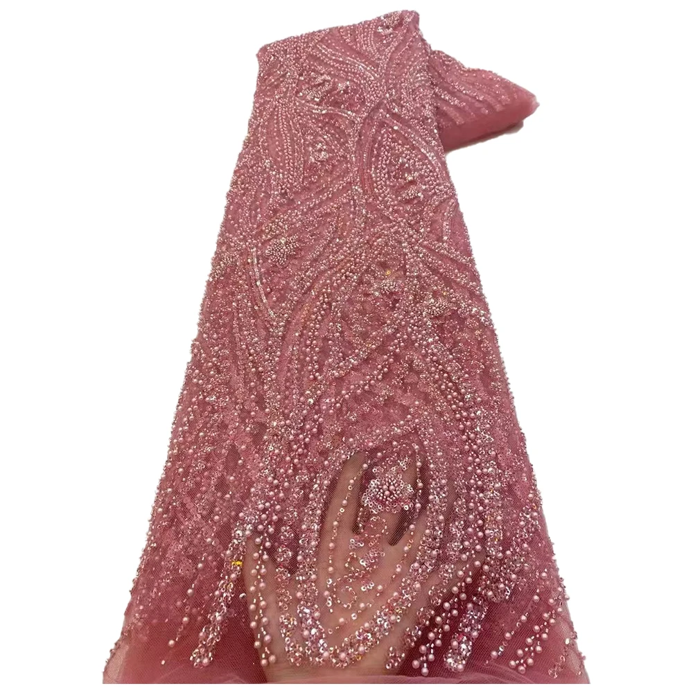 

Hot Sale Beaded Embroidery Dyeing Lace with Stones Fabric Luxury Sew For Party Dress Fashion 5Yards Elegant Beades Tulle Lace