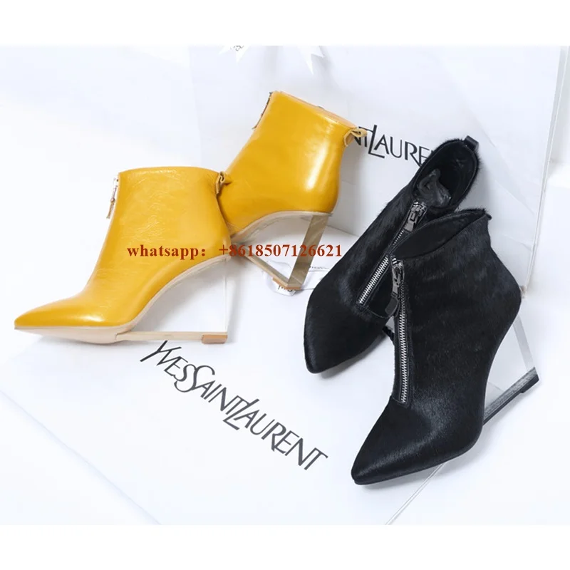 

Solid Color Fashion Women's Shoes Wedge Ankle Boots High Heels Transparent Heel Leather Short Boots