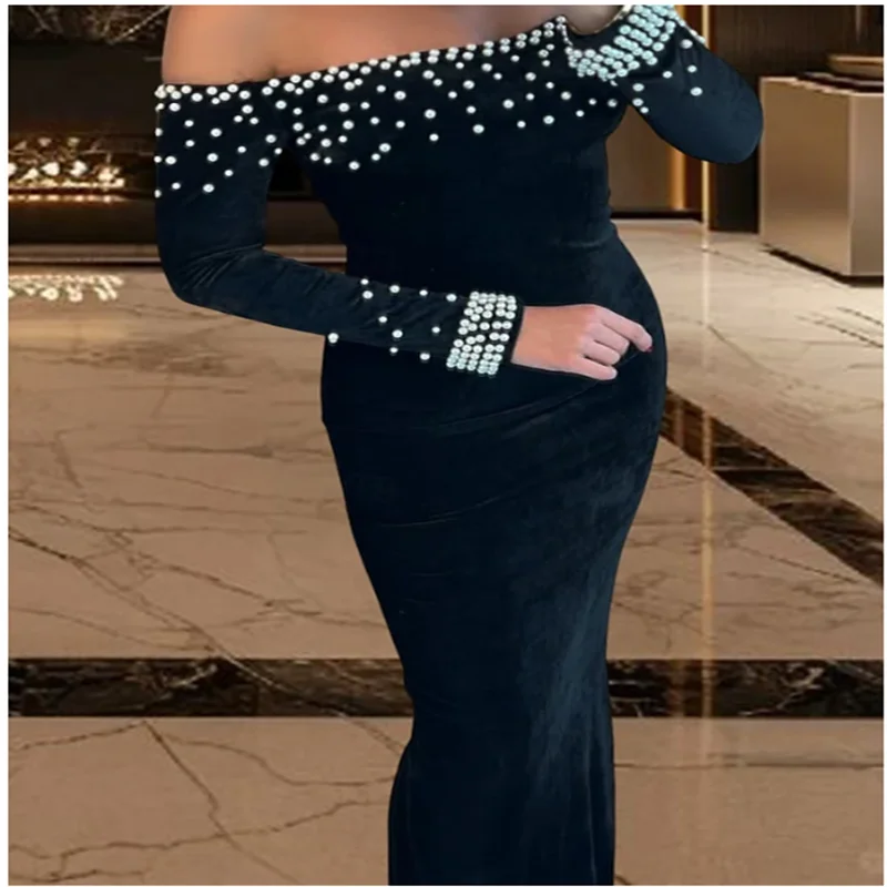 ربطة عنق سوداء مطاطية مخملية حورية البحر / بوق ثوب مسائي فستان أنيق لؤلؤ زفاف رسمي سويب / ذيل فرشاة كم طويل معطلة