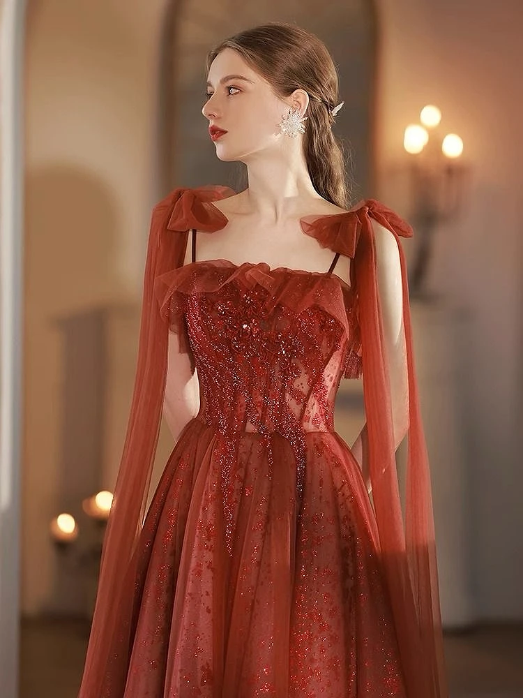 

New Brick Red Bridesmaid Dress Spaghetti Strap Tulle Lace-up Back A-Line Shiny Sequin Wedding Pageant Guest Long Prom Gown 2024