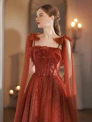 New Brick Red Bridesmaid Dress Spaghetti Strap Tulle Lace-up Back A-Line Shiny Sequin Wedding Pageant Guest Long Prom Gown 2024