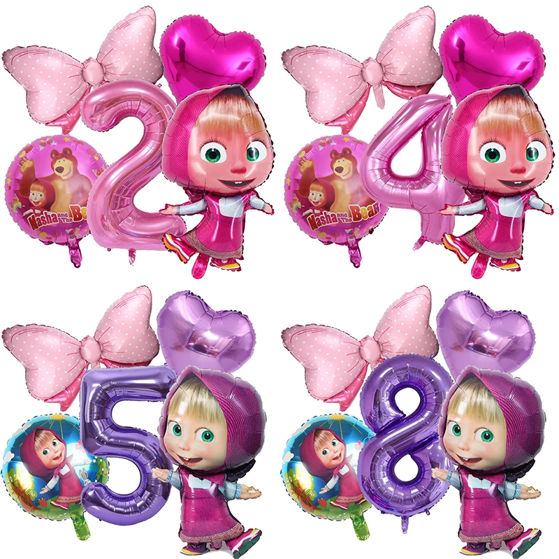 Globos de Cumpleaños de Masha y el Oso, Decoración con Número, Lazo y Corazón, Set de Globos para Fiestas de Niños y Niñas, Recuerdos de Cumpleaños Infantiles