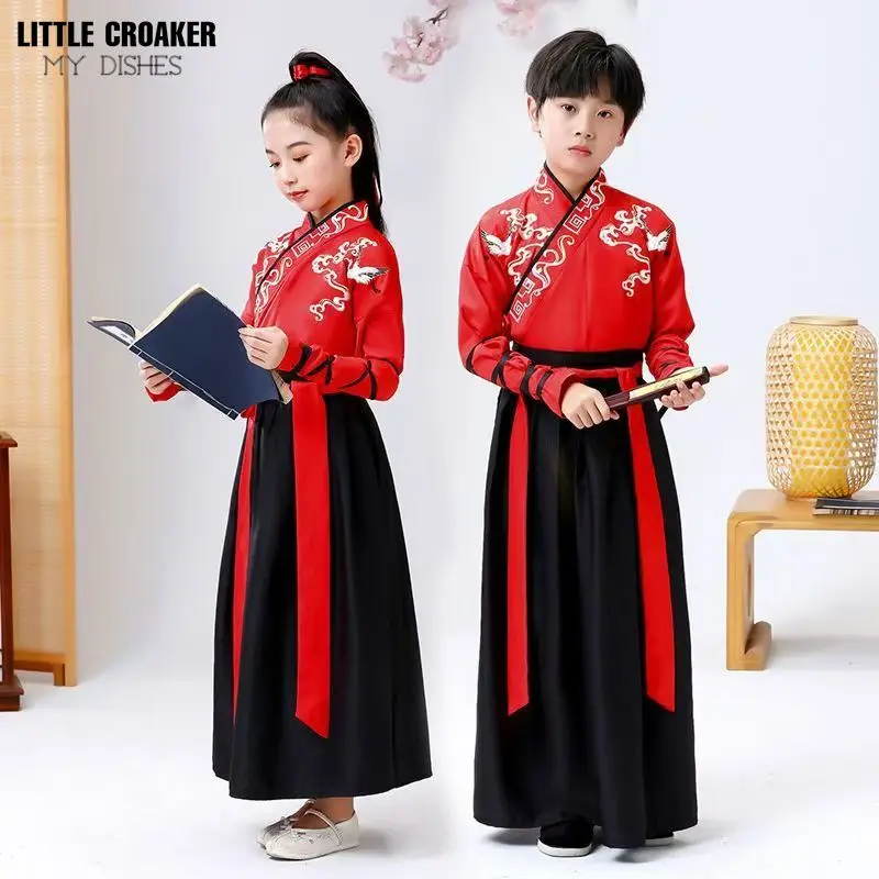 Ancient Chinese Children Traditional Costume Boys and Girls White Black and Red Hanfu Cosplay Dress for Halloween Kids Cosplay