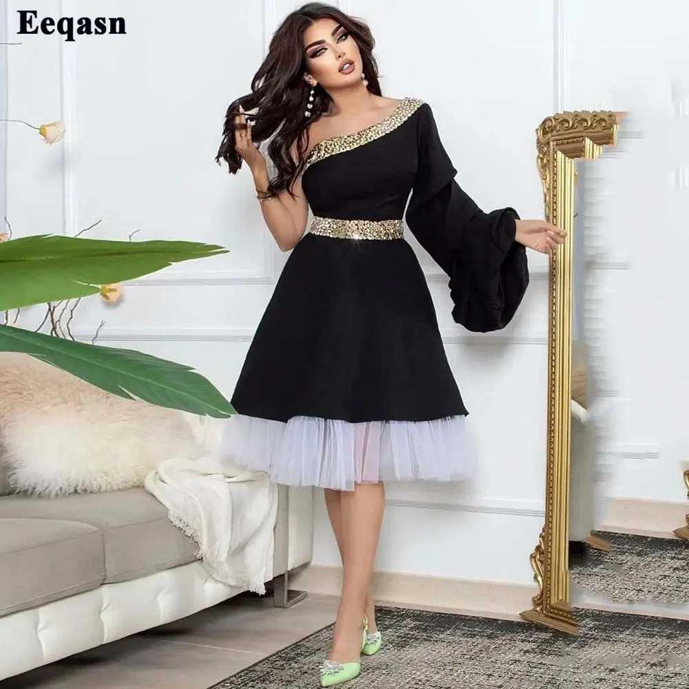 

Eeqasn Black White Short Prom Dresses 2022 One Shoulder Long Puff Sleeves Sequines Evening Gowns Women Event Celebrity Dresses