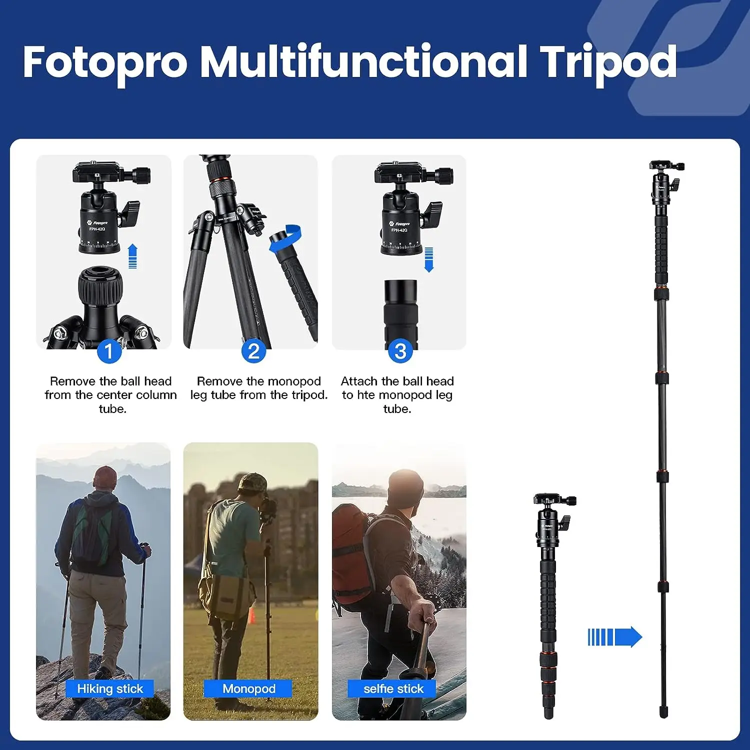 Fotopro Compact Detachable 2-in-1 Monopod With Quick Release Plate 59" Carbon Fiber Lightweight Travel Tripod for Camera