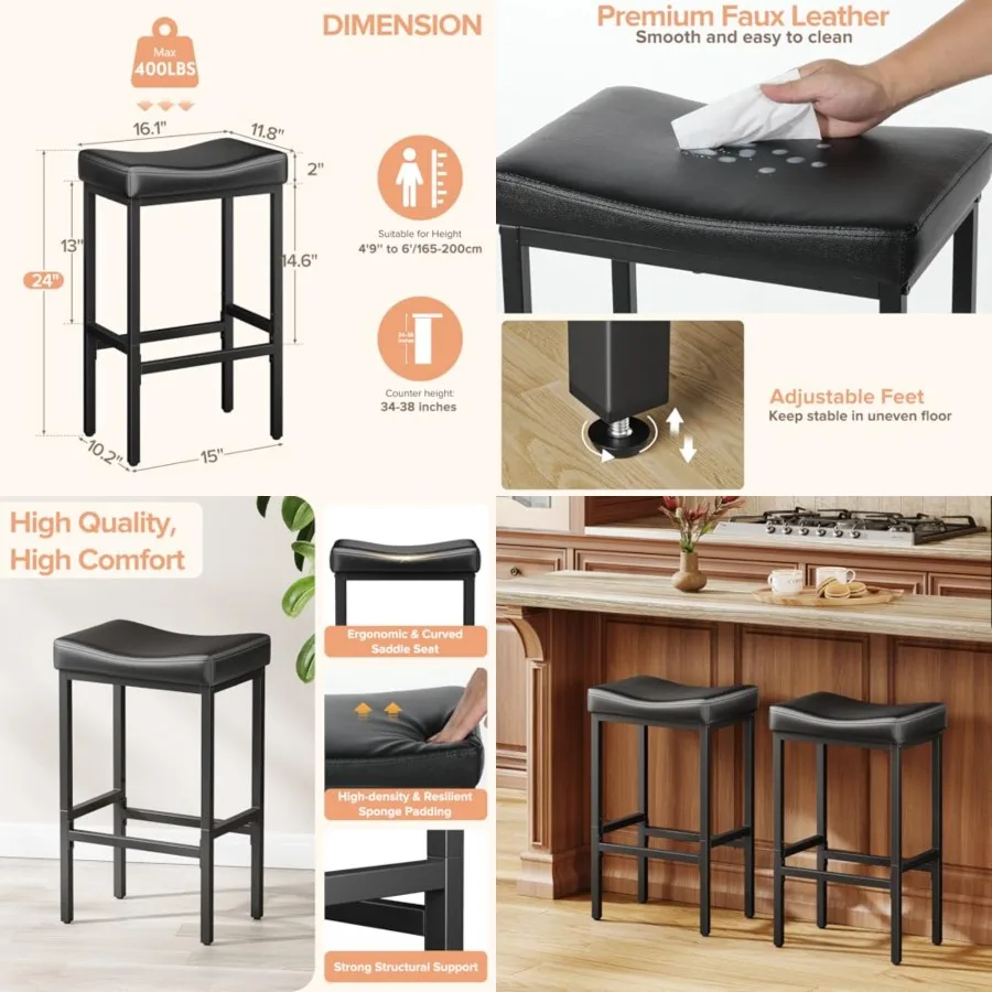 

24 Inch Counter Height Bar Stools Set of 2, Compact Counter Stools for Small Spaces, Premium Faux Leather Barstools with Right-