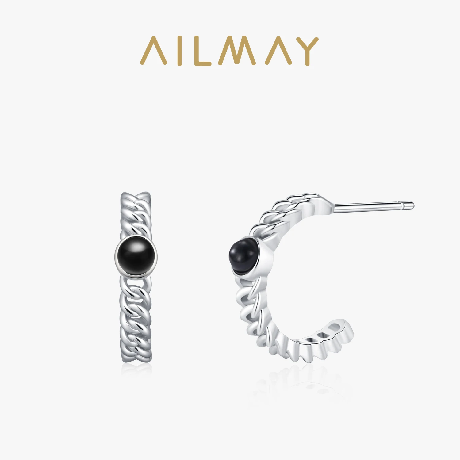 

Ailmay 925 Sterling Silver Black Zircon Braided Texture Semi-Circular Earrings For Women Creative Party Dark Punk Style Jewelry
