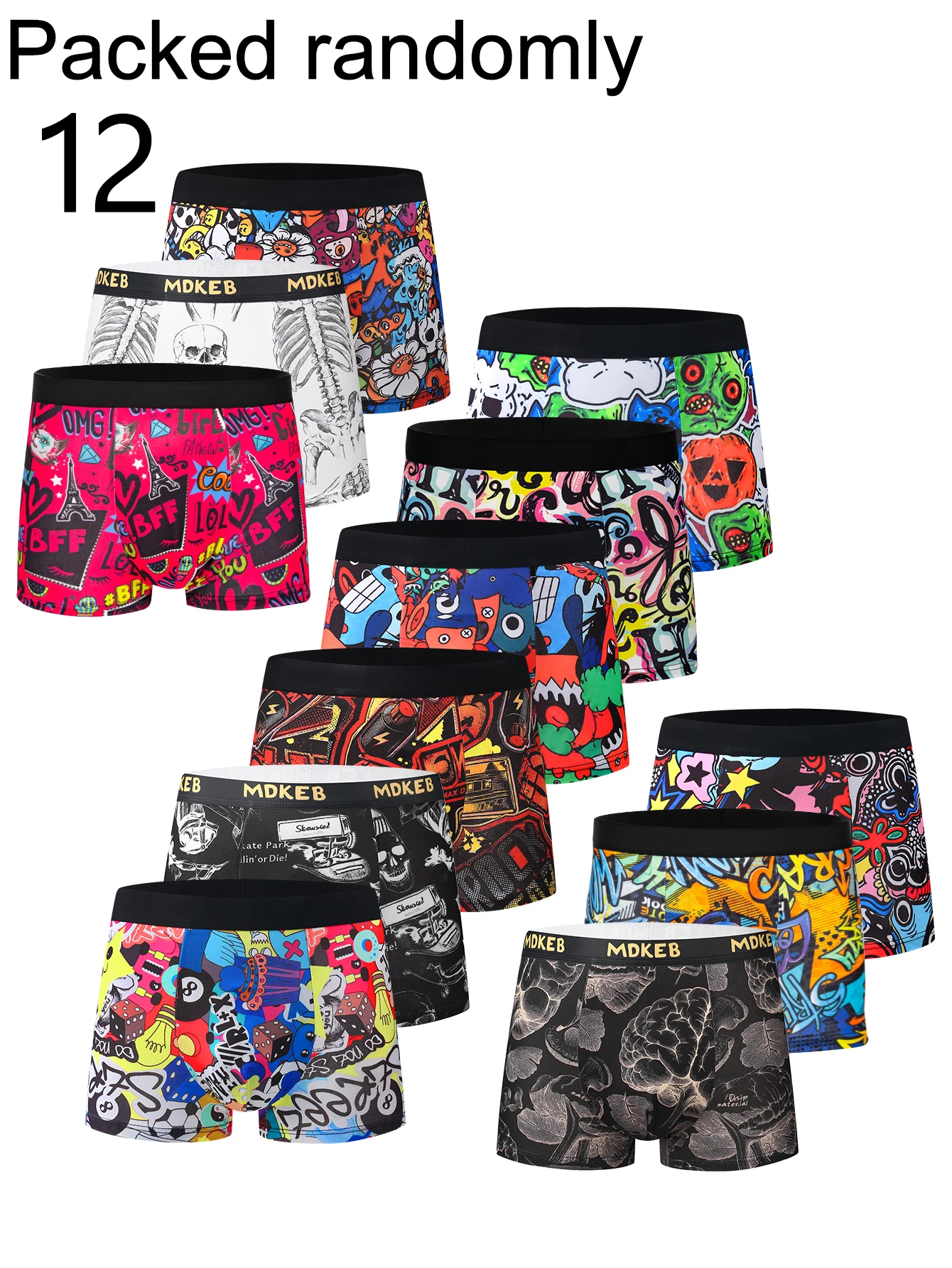 12-Pack Men's Boxer Shorts Assorted Cool Street Graffiti Cartoon Print High Elastic Comfortable Trendy High-Rise Briefs Random P
