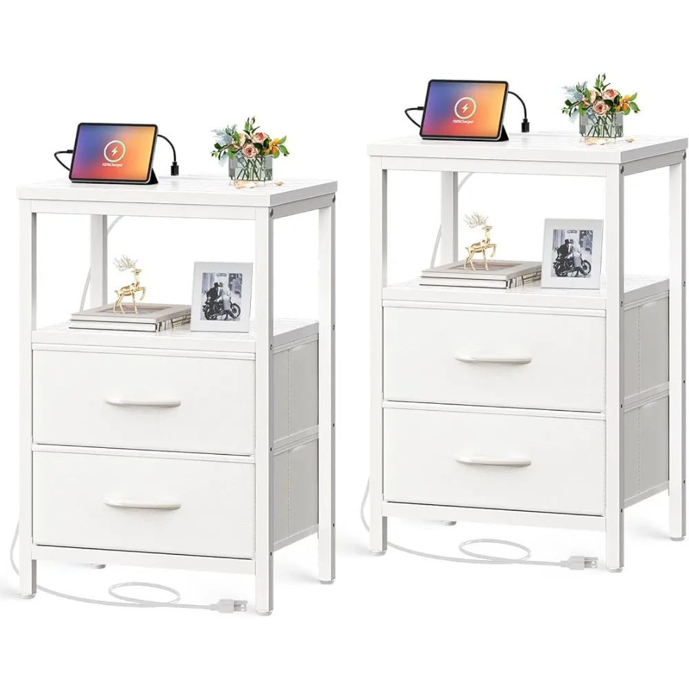 

Nightstands Set of 2, End Tables with Charging Station, Side Tables with Fabric Drawers, Bedside Tables with USB Ports,White