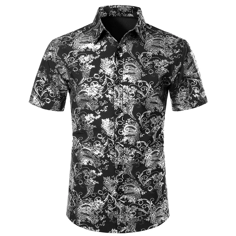 Men\'s Luxury Stylish Slim Fit Shirts 3d Full Print Gold Flower Button Up Dress Shirt For Men Summer Short Sleeve Tee Tops