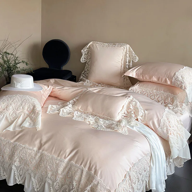 Luxury Chiffon Lace Princess Bedding Sets Egyptian Cotton Embroidery Solid Color Quilt/Duvet Cover Bed Sheet Pillowcases