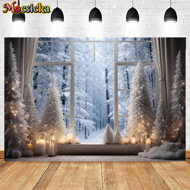 Mocsicka-Fondo de fotografía de invierno y Navidad para niños, ventana de nieve, bosque, árbol de Navidad, retrato familiar, decoración de estudio