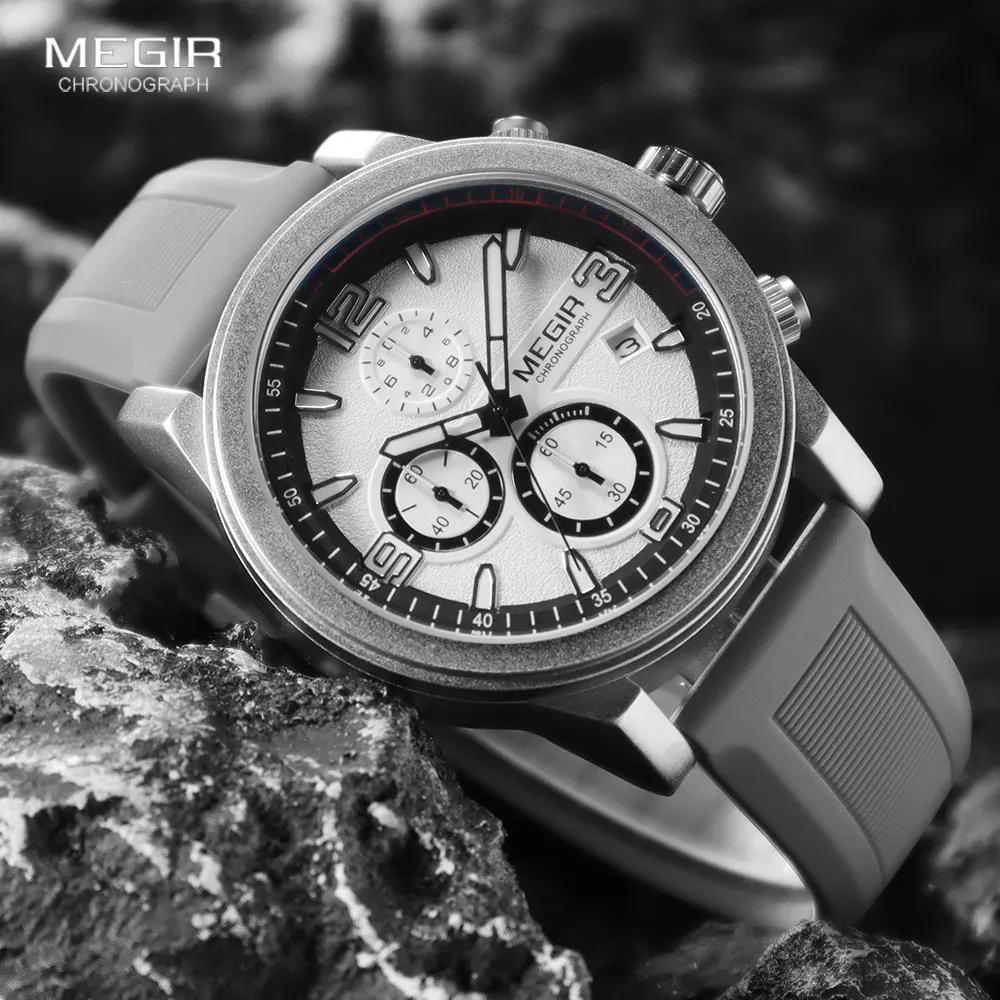 MEGIR Fashion Silicone Strap Sport Watch for Men Silicone Strap Waterproof Chronograph Quartz Wristwatch with Luminous Hand Date