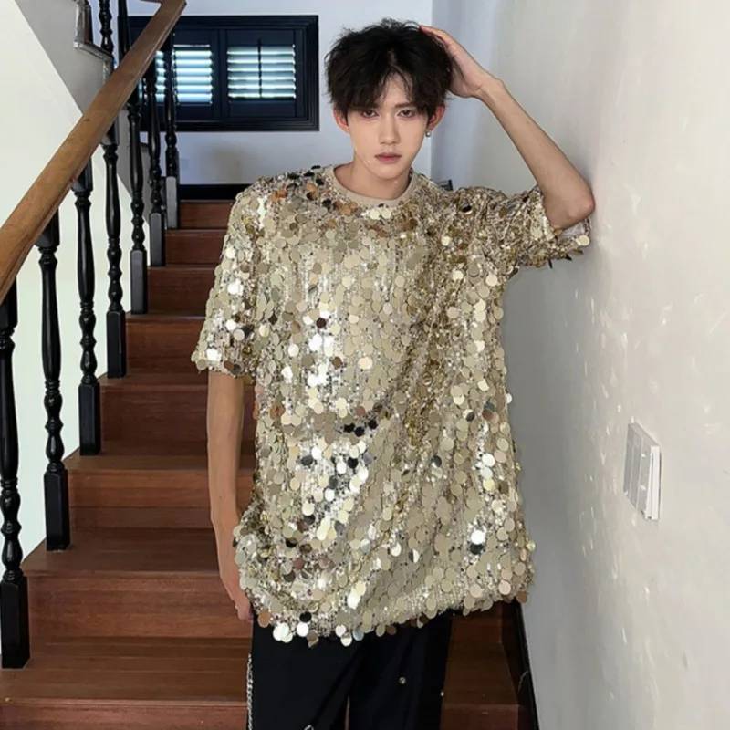 IEFB Loose Pullover Male T-shirts Round Collar Short Sleeve Sequins Men\'s Casual Tops New Trend Summer 2024 Stylish 9C6105