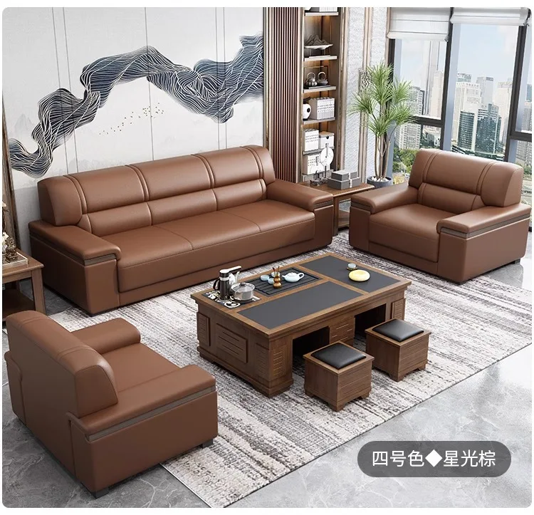 Sofa kantor Modern Sederhana Cina penerimaan bisnis tiga orang kantor kulit rapat set meja kopi kombinasi