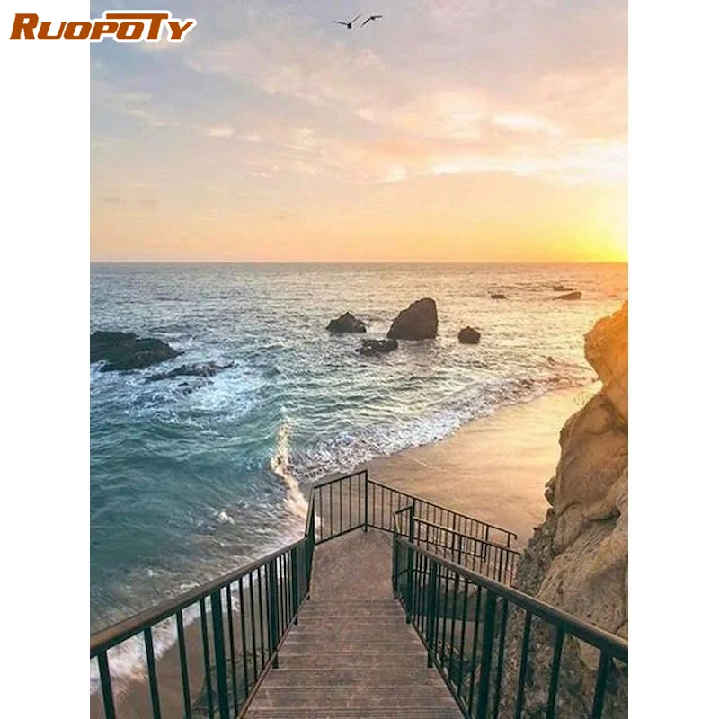 

RUOPOTY 5D Diamond Painting Landscape With Frame Diamond Embroidery Kit Seaside Steps Mosaic Beach Cross Stitch Summer Decor