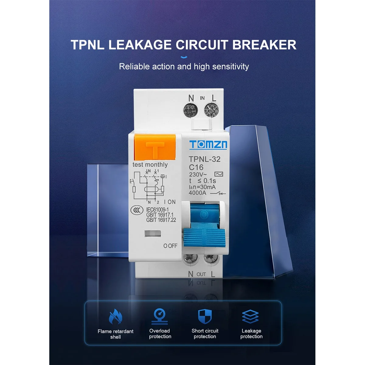 Disjuntor de corrente residual TOMZN TPNL DPNL 230V 1P + N com proteção contra sobrecorrente curta RCBO MCB, TPNL 32A