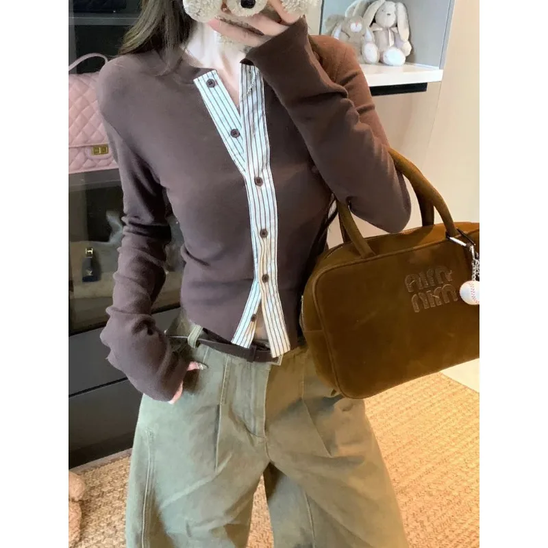 Blouse T-shirt Women's Korean-inspired Button-down Cardigan Vintage Striped Patchwork Long-sleeved Slim-fit Cropped Comfortable